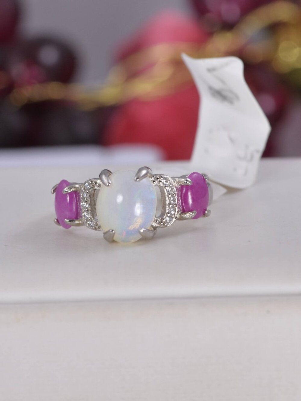 Genuine Natural Ethopian Opal w/ Ruby Ring 925 Sterling Silver, sz 7